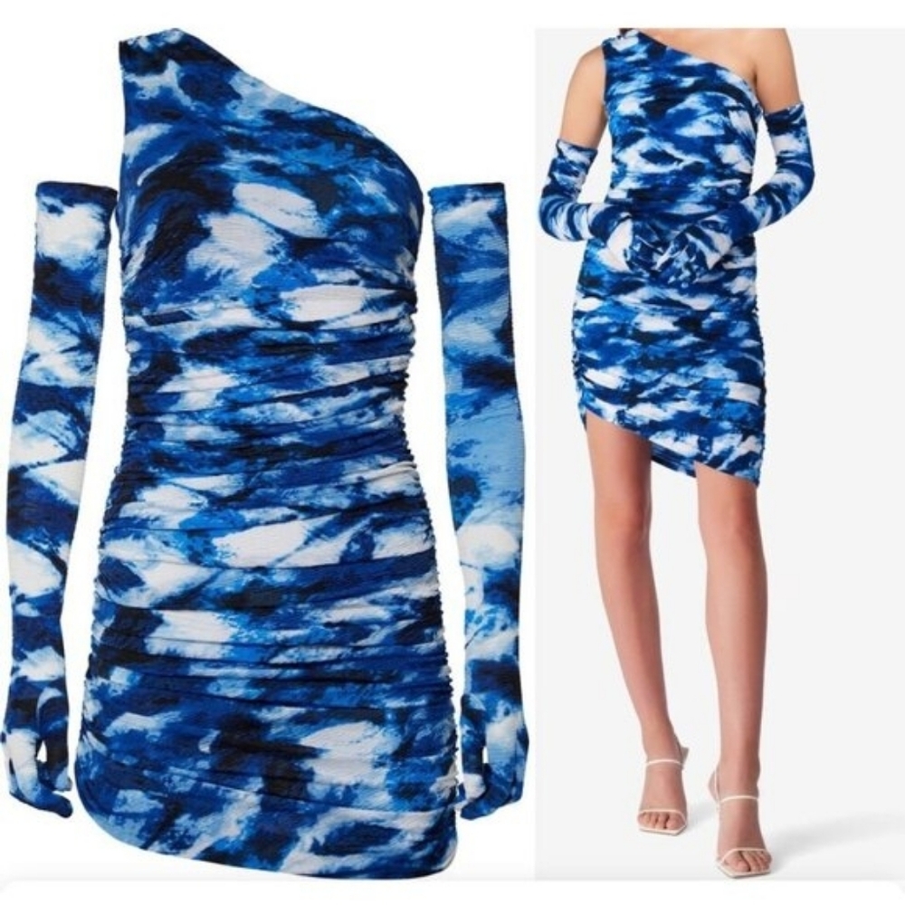 Miscreants One Shoulder Ruched Blue Tie Dye Mini Dress NWOT